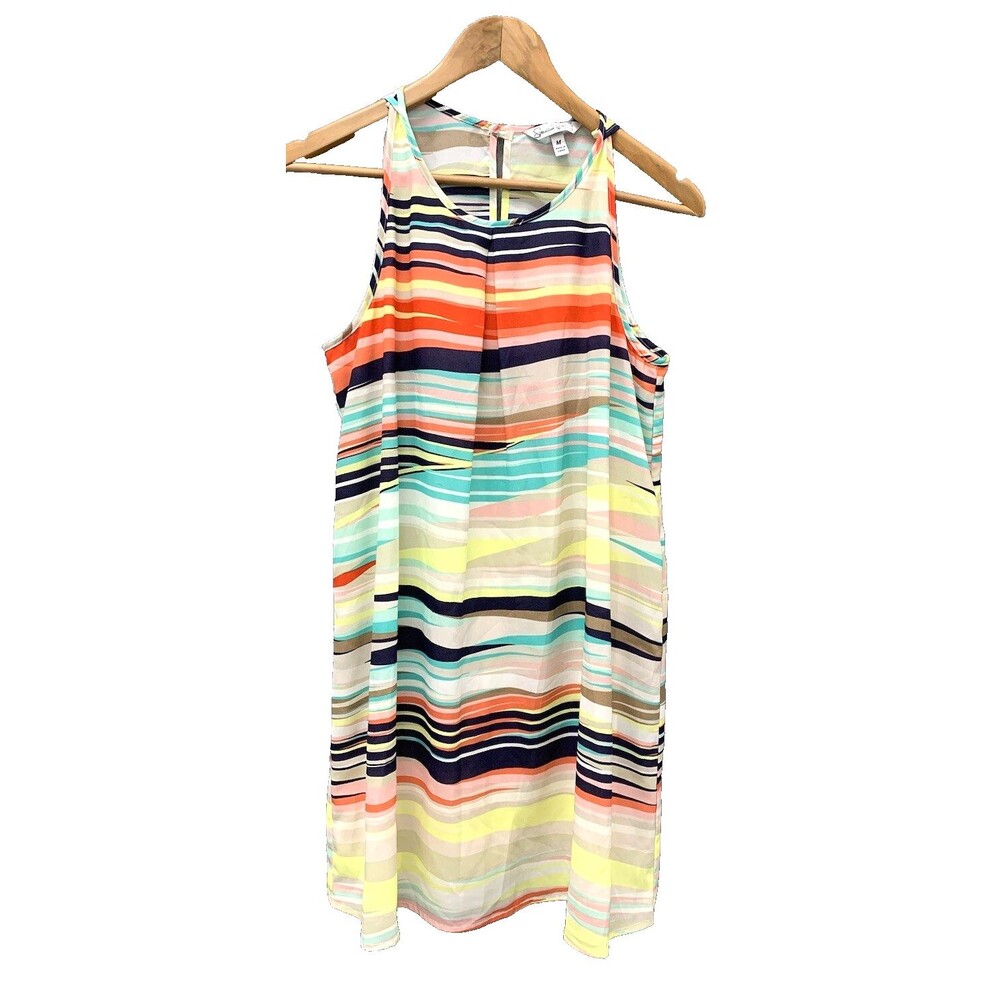 Whimsical Colorful Stripe Sleeveless Shift Midi Dress Sz M Bold Resort Boho Chic